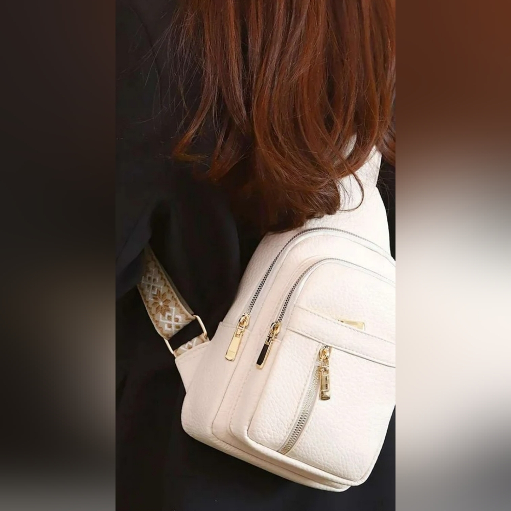 Adjustable Crossbody Sling Bag with Embroidered Guitar Strap In Cream - Picture 4 of 11